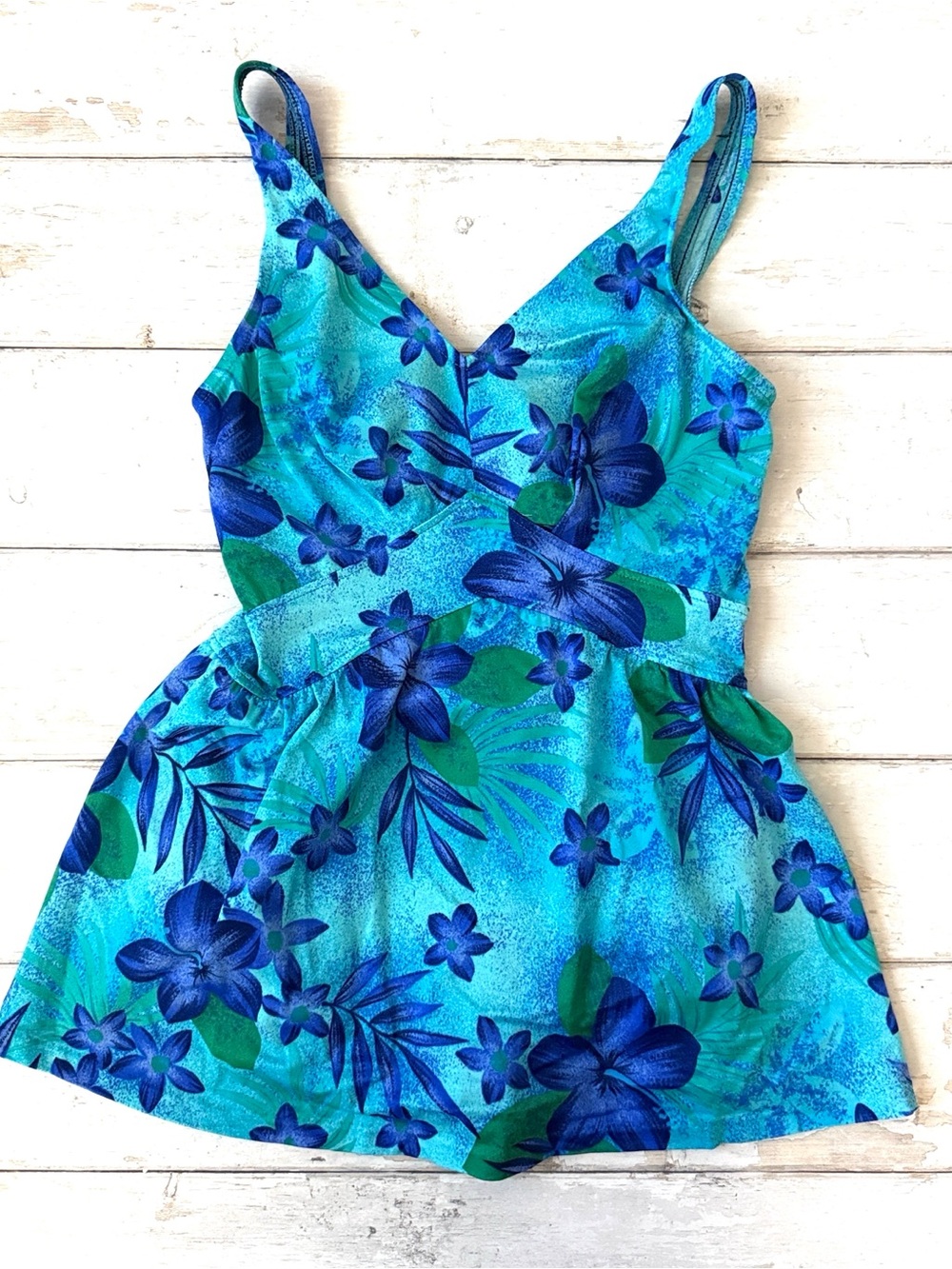 Le Cove Size 10 Women’s Mini Swim Dress Swimsuit Blue Floral